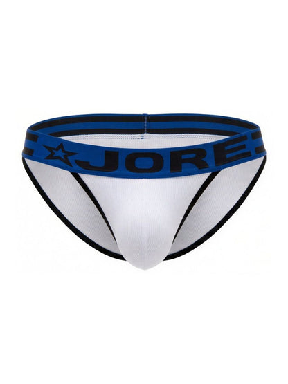 White jor 2362 rush bikini briefs with blue waistband black lettering star logo and thin black trim