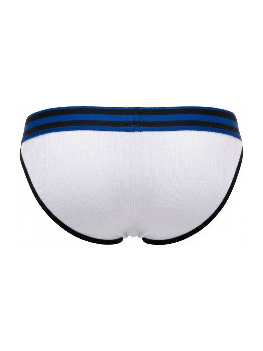 White jor 2362 rush bikini briefs with navy blue and black striped waistband and black trim along leg openings