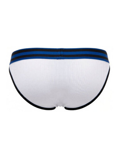 White jor 2362 rush bikini briefs with navy blue and black striped waistband and black trim along leg openings