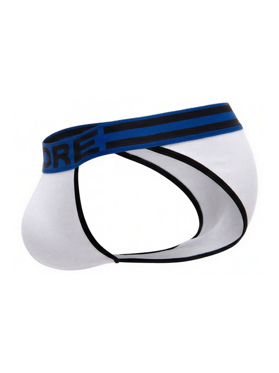 White mens briefs jor 2362 rush bikini with blue waistband black stripes and dre lettering in bold
