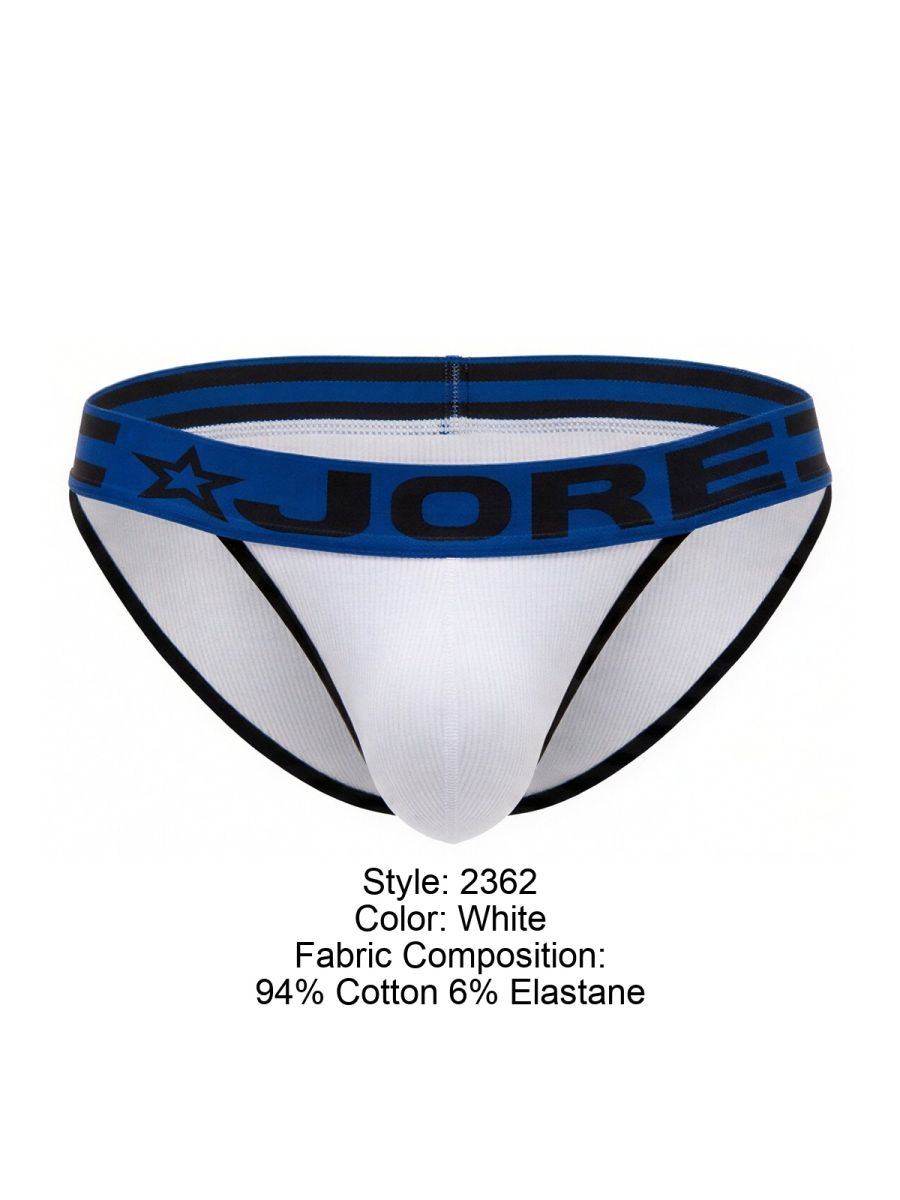 White jore 2362 rush bikini briefs with blue waistband black lettering star logo made of 94 cotton 6 elastane