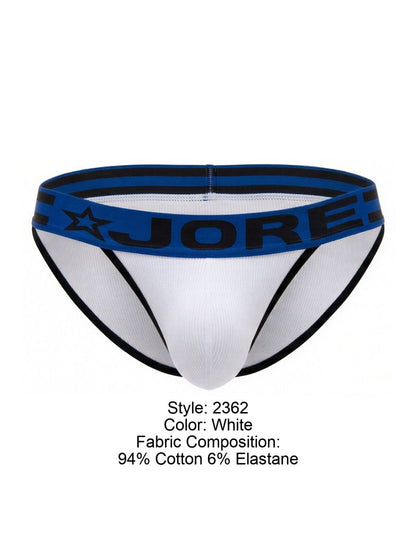 White jore 2362 rush bikini briefs with blue waistband black lettering star logo made of 94 cotton 6 elastane