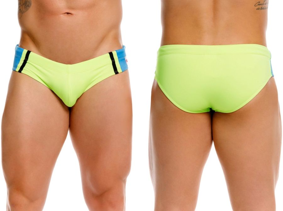 Jor 2384 wind swim briefs in vibrant neon green with blue and black striped side panels for beach use