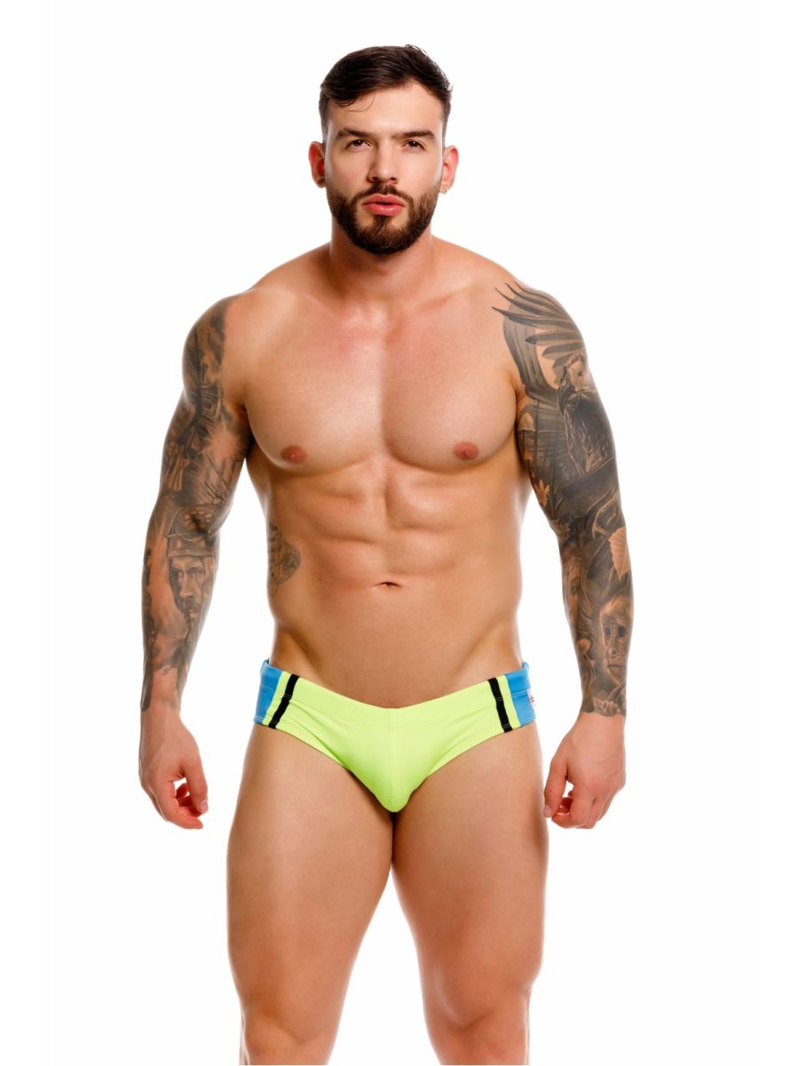 Neon green jor 2384 wind swim briefs with blue and black striped side panels designed for swimming