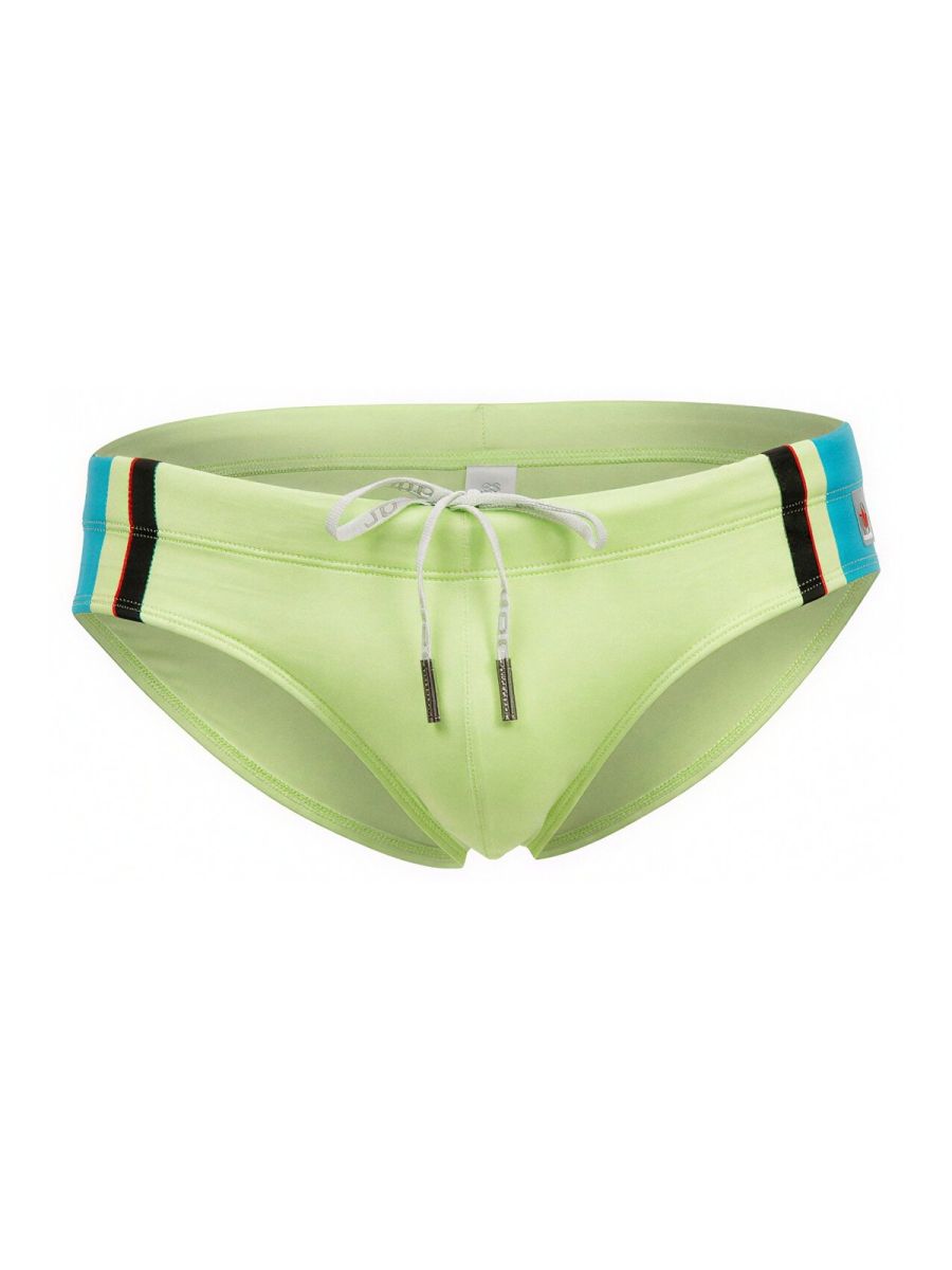 Jor 2384 wind swim briefs in lime green with a blue black and red striped waistband for swimming and beachwear