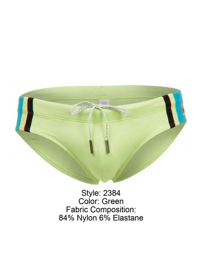 Jor 2384 wind swim briefs in lime green with a blue black and red striped waistband for swimming and beachwear