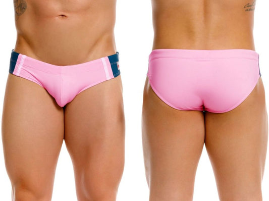 Pink jor 2384 wind swim briefs with navy blue side panels and white stripes designed for swimming