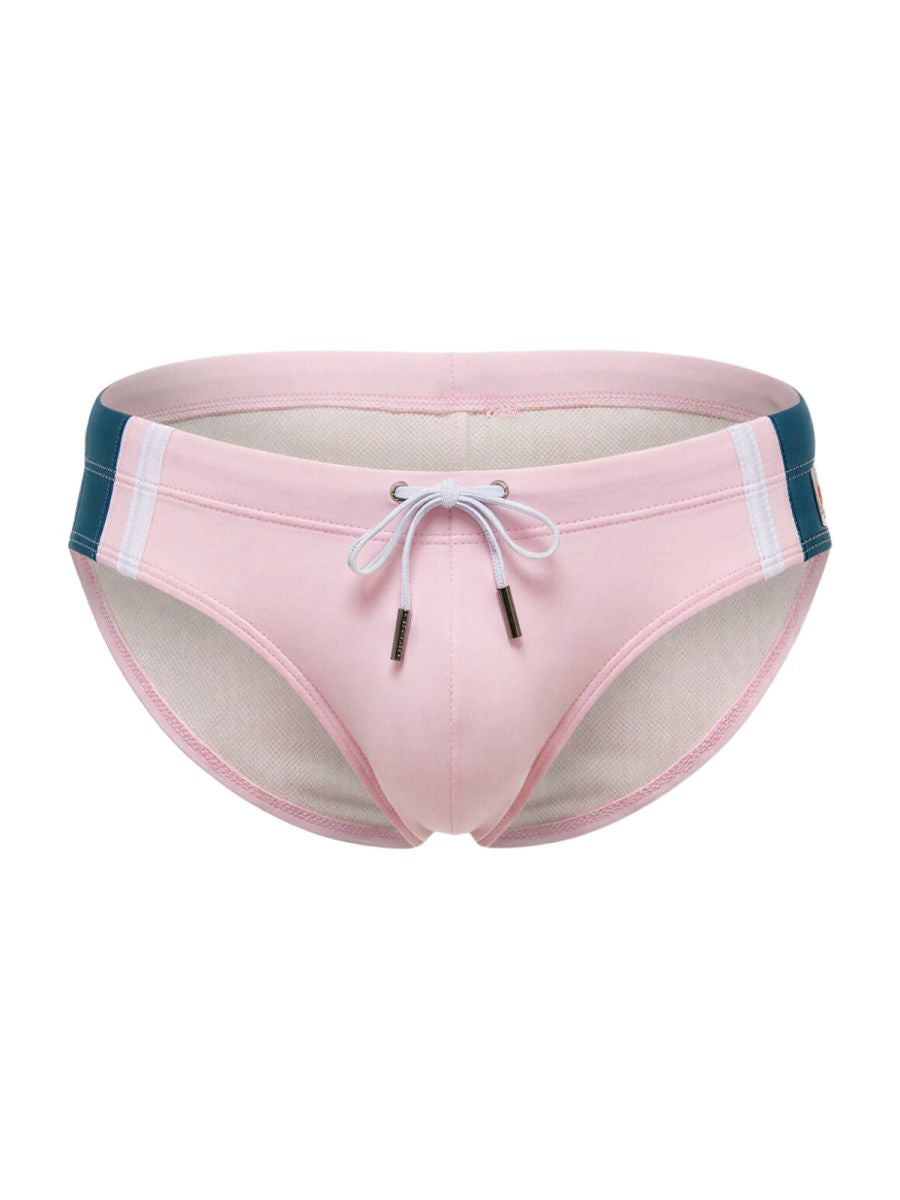 Jor 2384 wind swim briefs in pink with teal and white striped side panels and drawstring closure for swimming