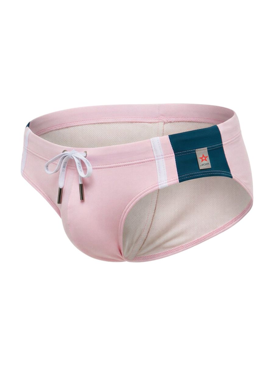 Pink jor 2384 wind swim briefs with navy blue panel white stripe and branded tag on the side for men