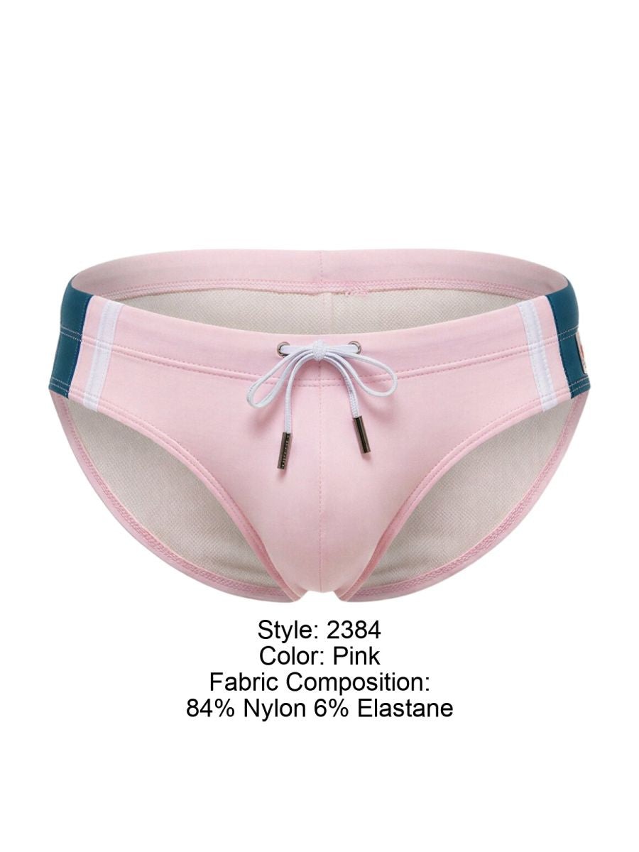 Pink jor 2384 wind swim briefs with teal and white side stripes and a drawstring closure for swimwear use