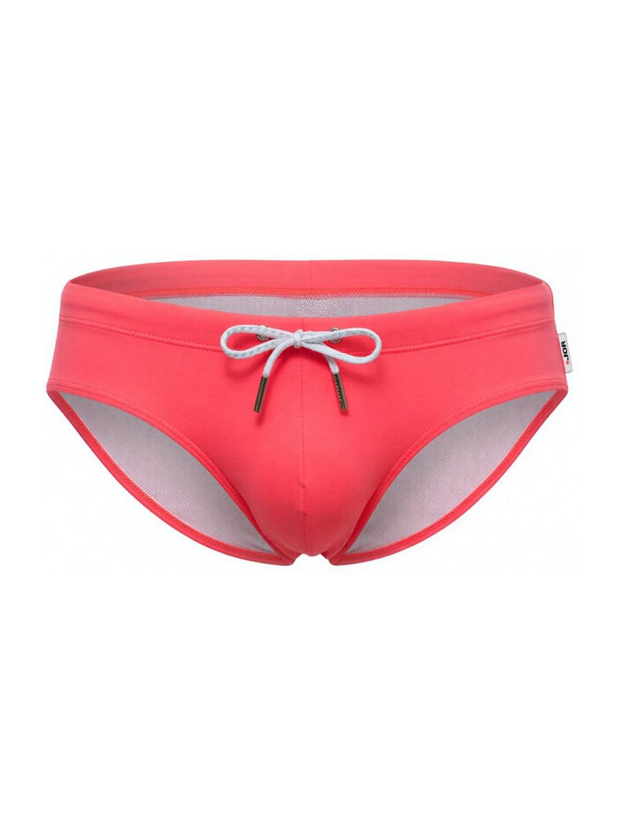 Coral-colored jor 2387 travel swim briefs with white drawstring and mesh lining for comfortable swimming