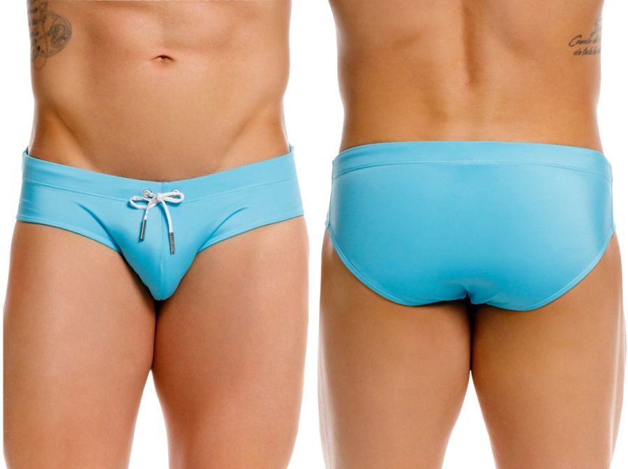 Jor 2387 travel swim briefs in turquoise feature light blue fabric with a white drawstring tie at the front