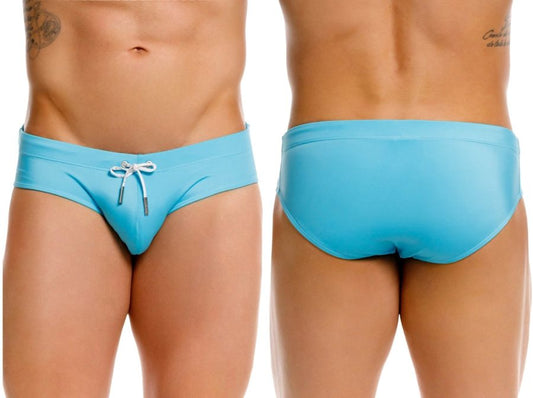 Jor 2387 travel swim briefs in turquoise feature light blue fabric with a white drawstring tie at the front