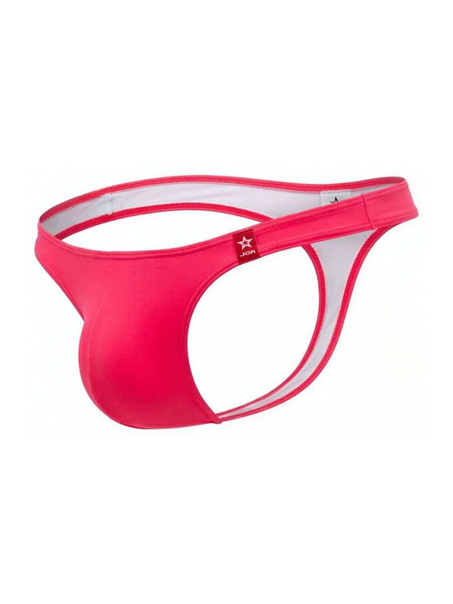 Bright pink jock brand travel swim thong with white lining and red star logo color candy model JOR 2389