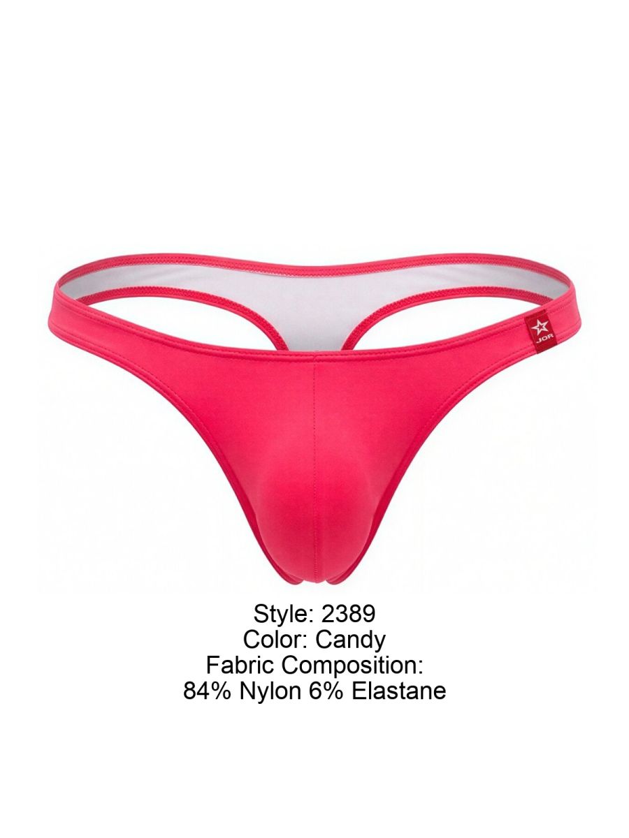 Candy pink jor 2389 travel swim thong with white inner lining made of 84% nylon and 6% elastane