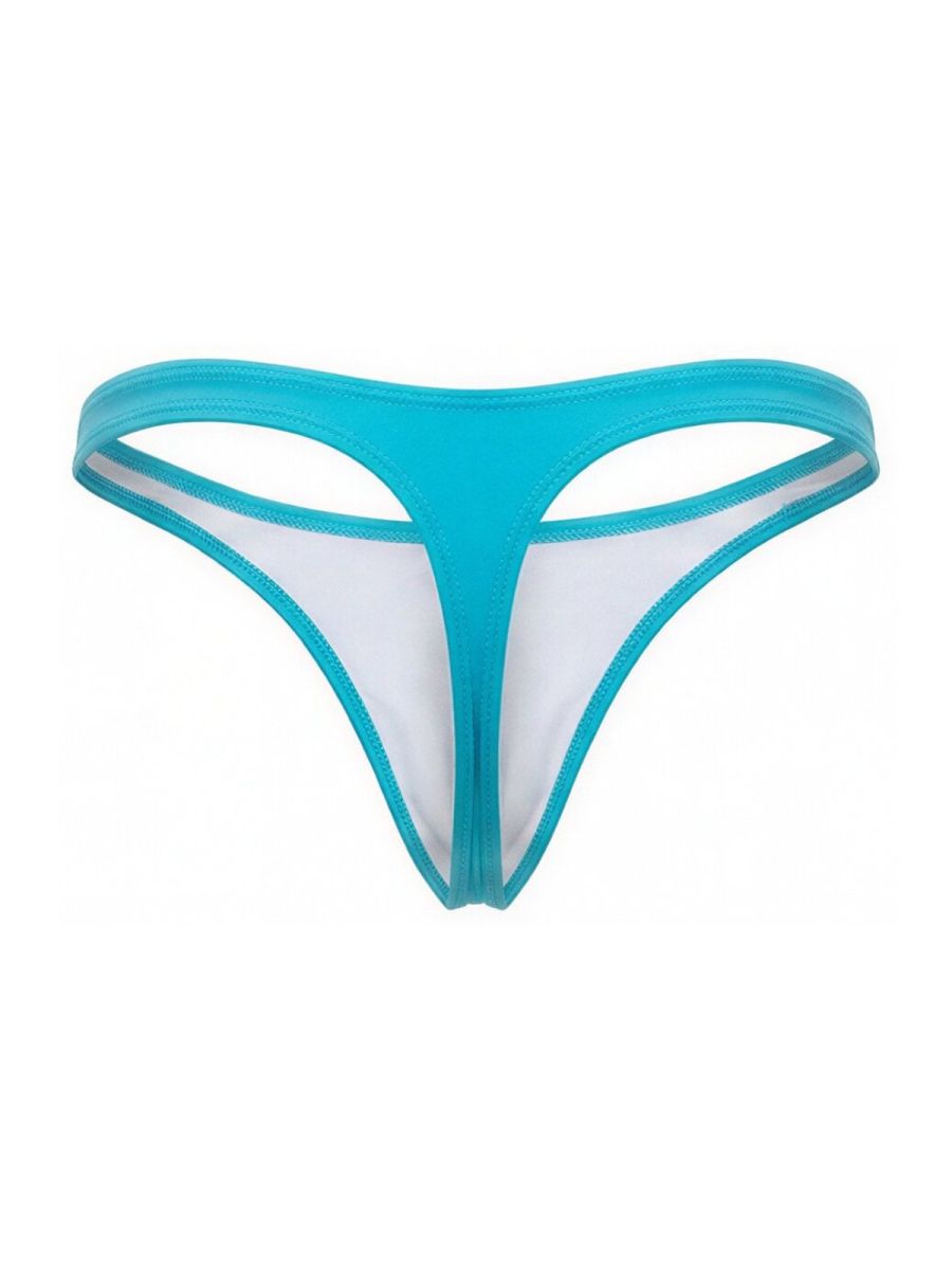 Turquoise and white JOR 2389 travel swim thong with sheer stretchy fabric design shown from the back side