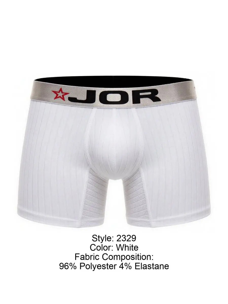 White JOR boxer briefs with subtle vertical ribbing a contoured front pouch and a silver waistband with black lettering and red star