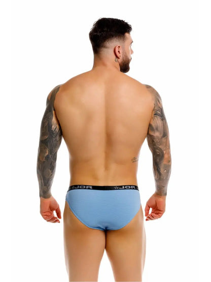 JOR blue bikini briefs with a black branded waistband shown from the back on a model against a white background