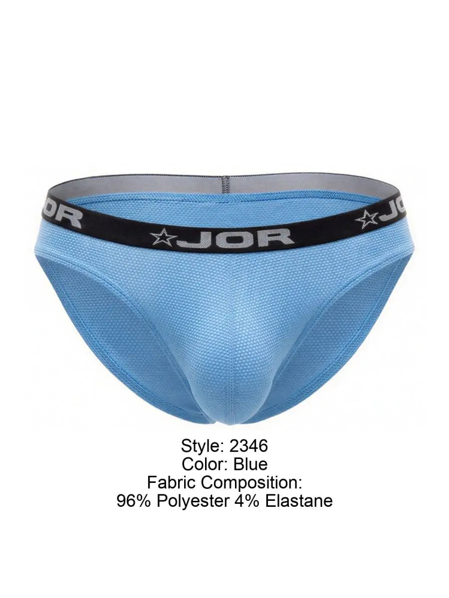 JOR blue men's bikini briefs with a fine mesh-like texture contoured front pouch and black elastic waistband with white logo
