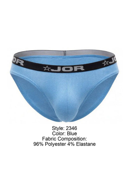 JOR blue men's bikini briefs with a fine mesh-like texture contoured front pouch and black elastic waistband with white logo