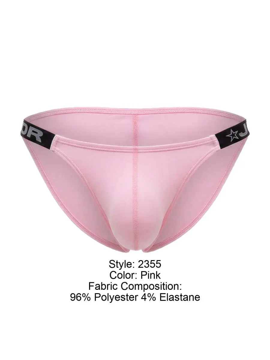 JOR pink bikini briefs with a smooth stretch fabric contoured front pouch and black elastic waistband with white logo details