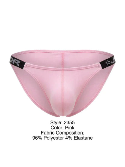 JOR pink bikini briefs with a smooth stretch fabric contoured front pouch and black elastic waistband with white logo details