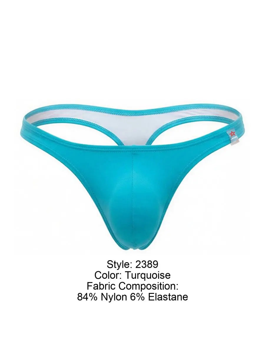 JOR turquoise men's swim thong with a smooth stretch fabric pouch narrow side straps and a small logo tab; composition text lists 84 nylon and 6
