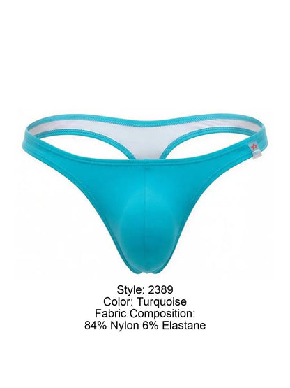 JOR turquoise men's swim thong with a smooth stretch fabric pouch narrow side straps and a small logo tab; composition text lists 84 nylon and 6