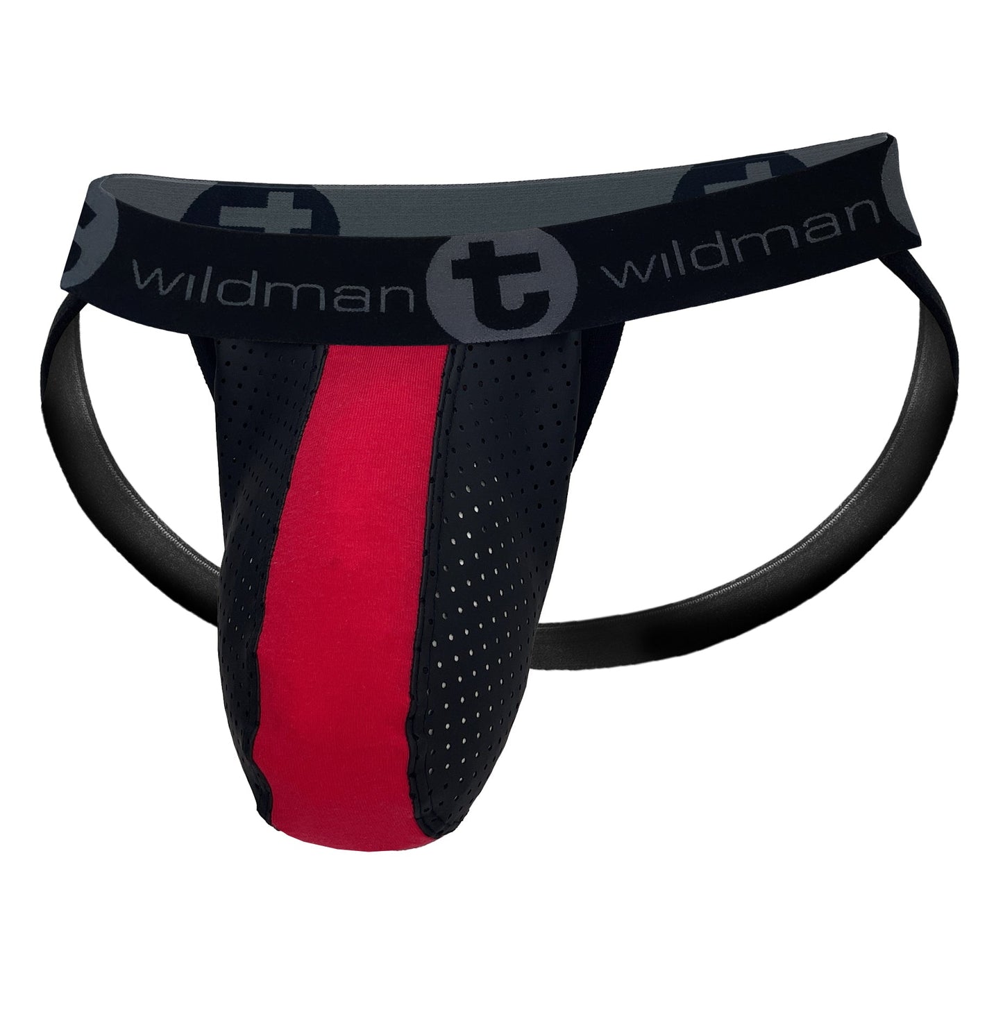 WildmanT jockstrap with a black perforated pouch, red center stripe, and black branded waistband.