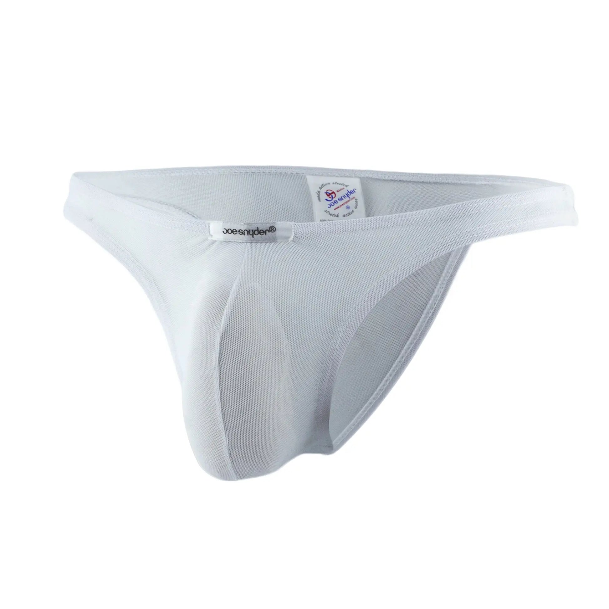 White mesh thong by joe snider showing back side design of the joe snyder capri mesh underwear
