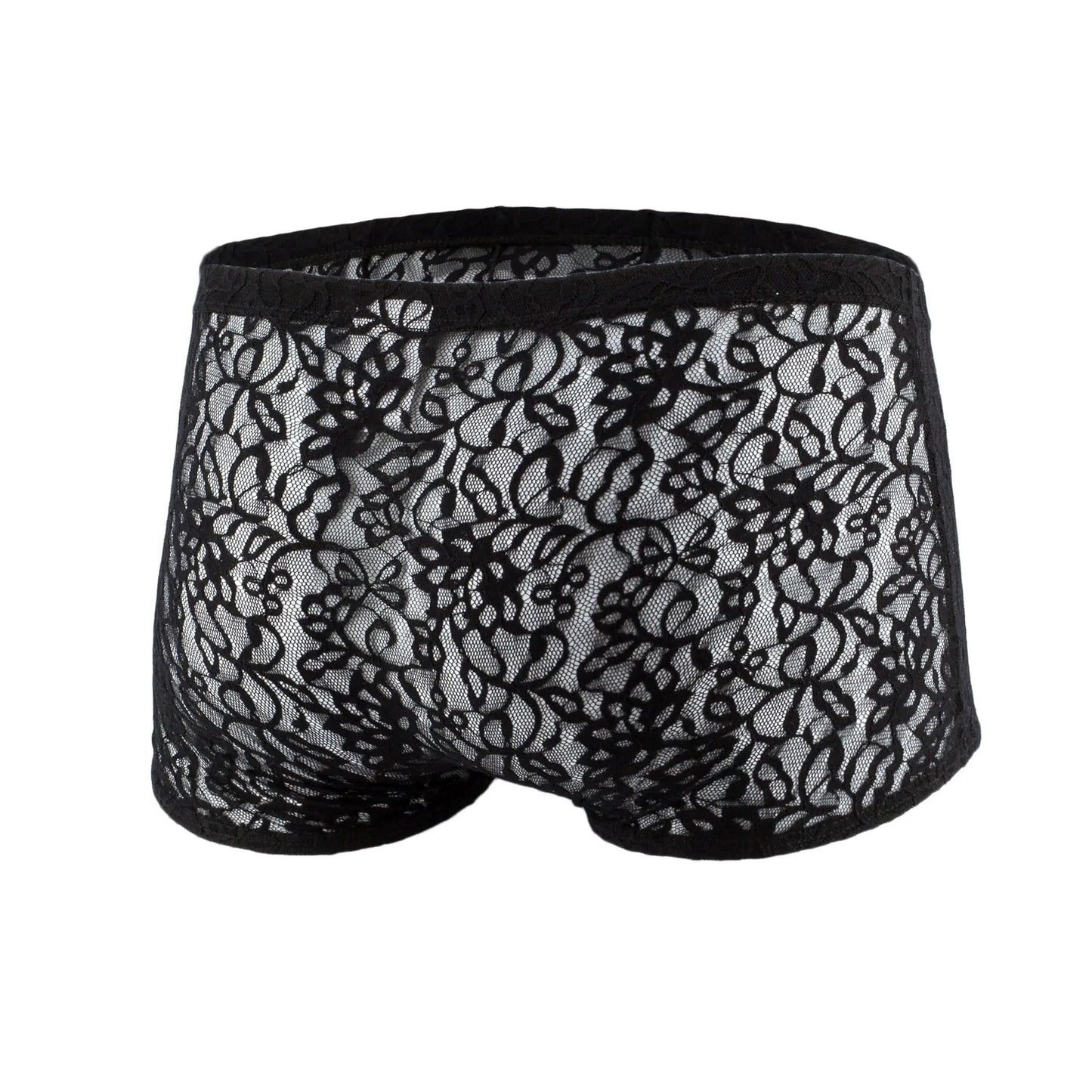 Black lace men’s boxer underwear js08 joe snyder with intricate floral mesh patterns and solid black elastic waistband