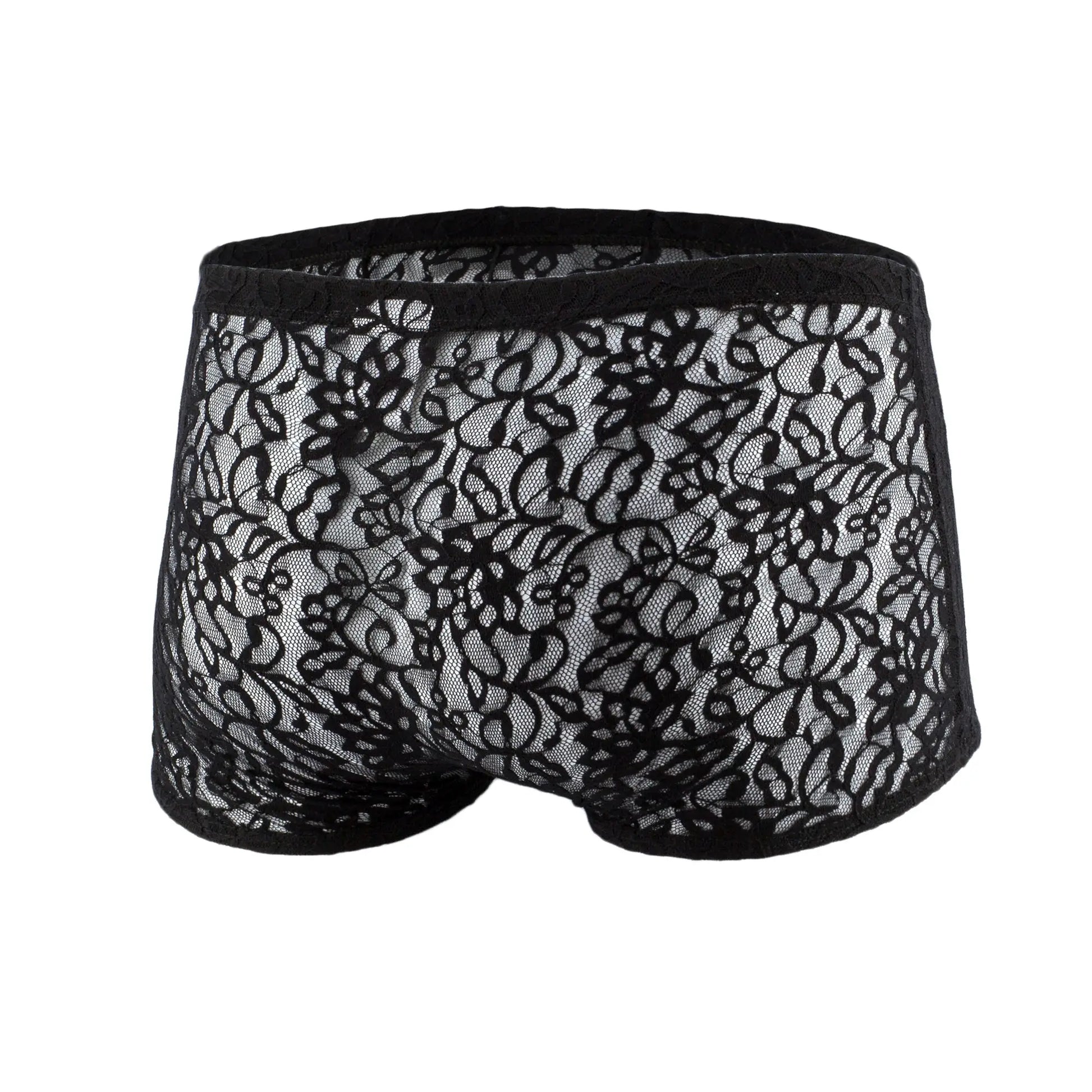 Black lace men’s boxer underwear js08 joe snyder with intricate floral mesh patterns and solid black elastic waistband