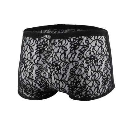 Black lace men’s boxer underwear js08 joe snyder with intricate floral mesh patterns and solid black elastic waistband