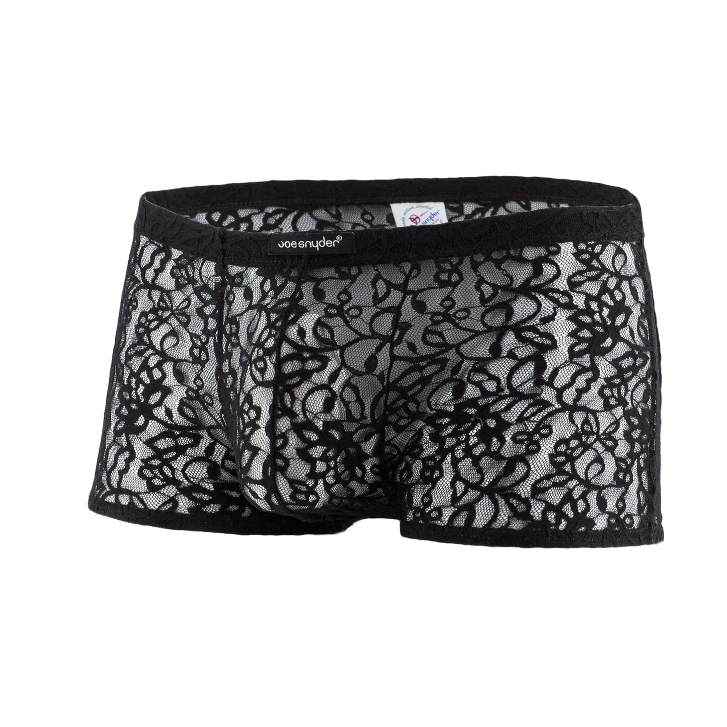 Black lace men’s JS08-Joe Snyder boxer mesh underwear with intricate floral patterns and sheer mesh design