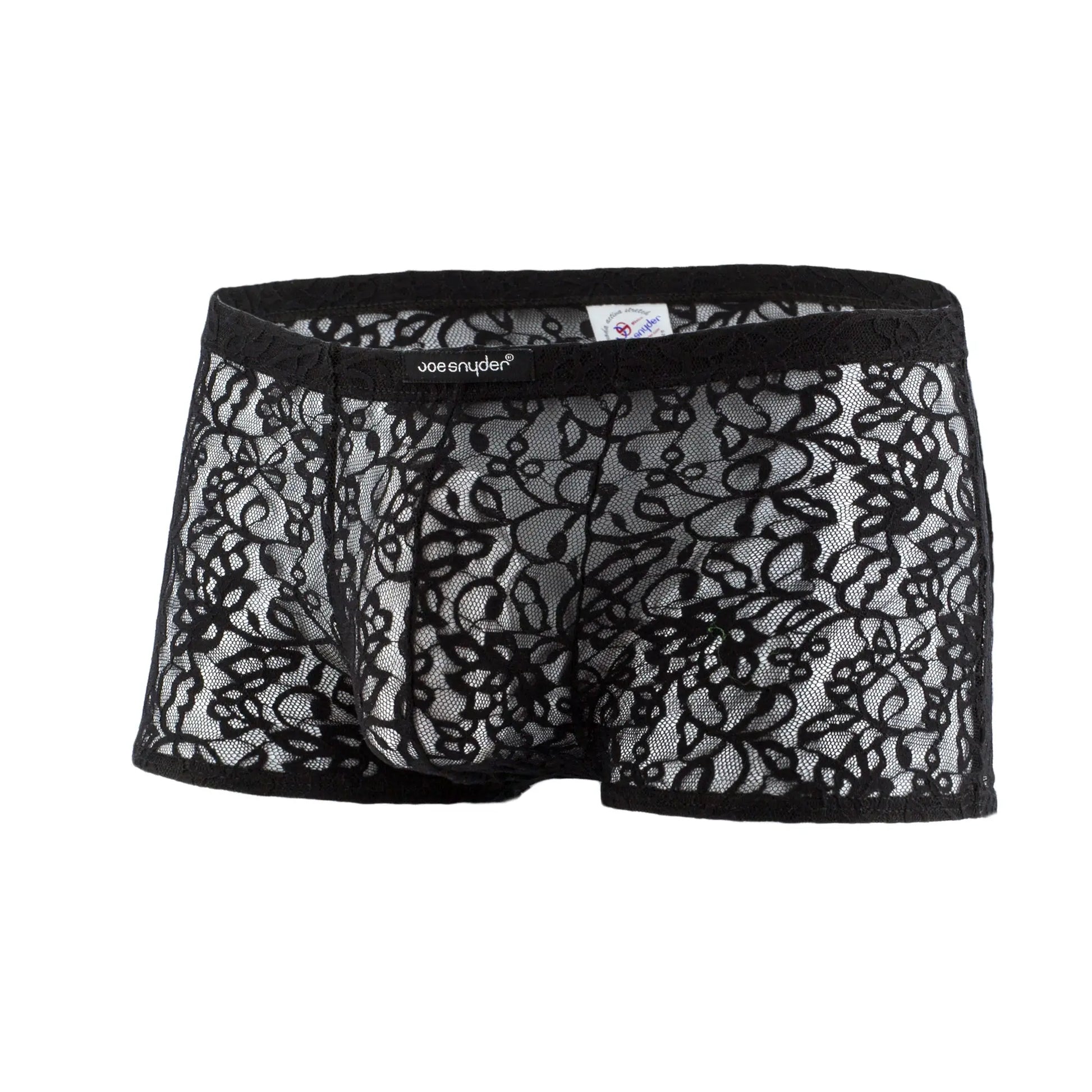 Black lace men’s JS08-Joe Snyder boxer mesh underwear with intricate floral patterns and sheer mesh design