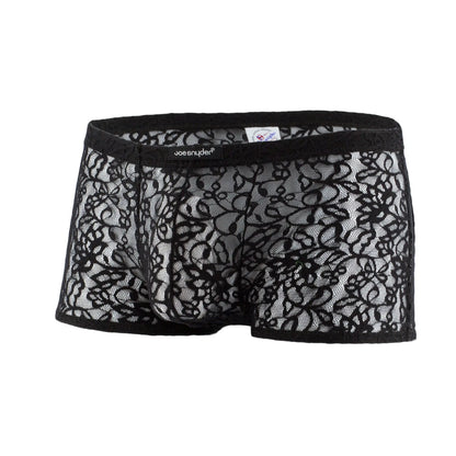 Black lace men’s JS08-Joe Snyder boxer mesh underwear with intricate floral patterns and sheer mesh design