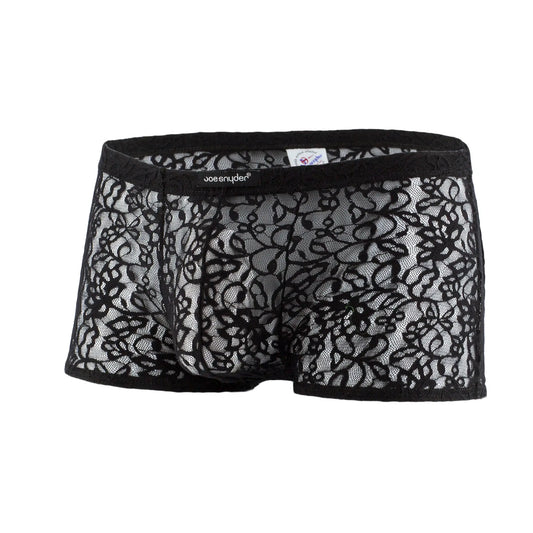 Black lace men’s JS08-Joe Snyder boxer mesh underwear with intricate floral patterns and sheer mesh design