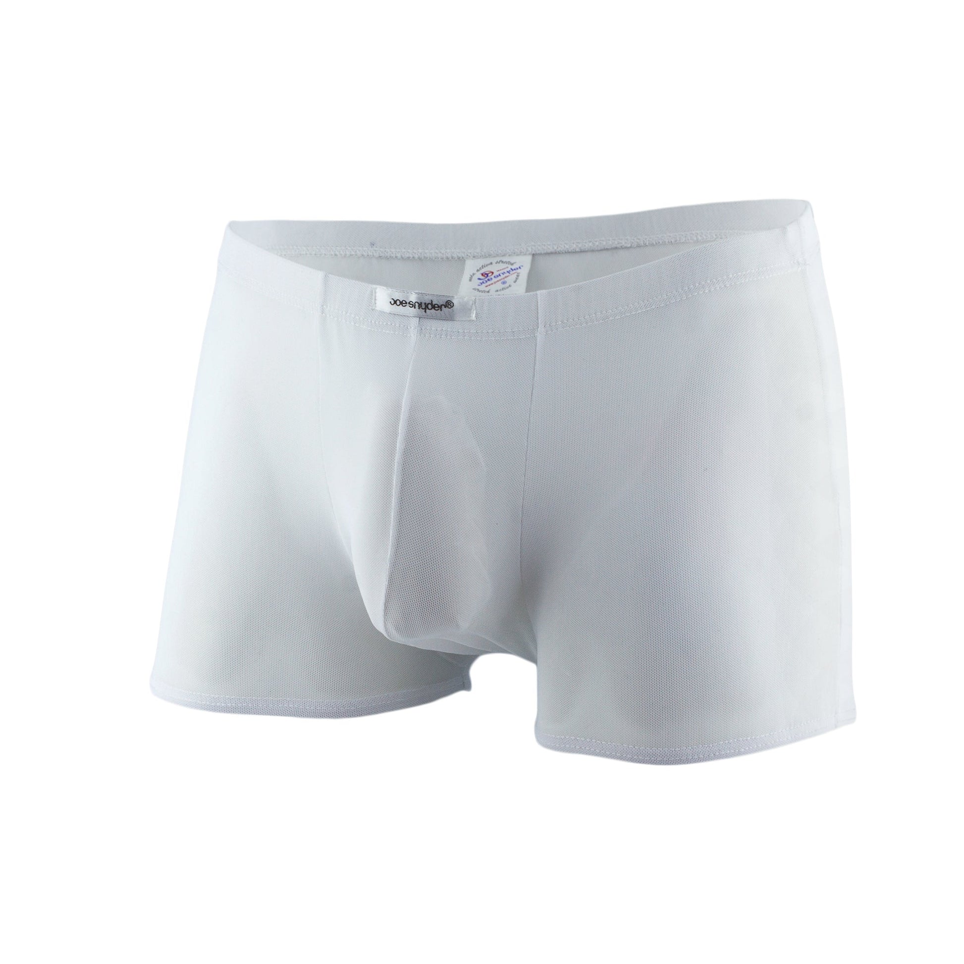 White men’s joe snyder boxer mesh briefs with textured seamless fabric and branded waistband label