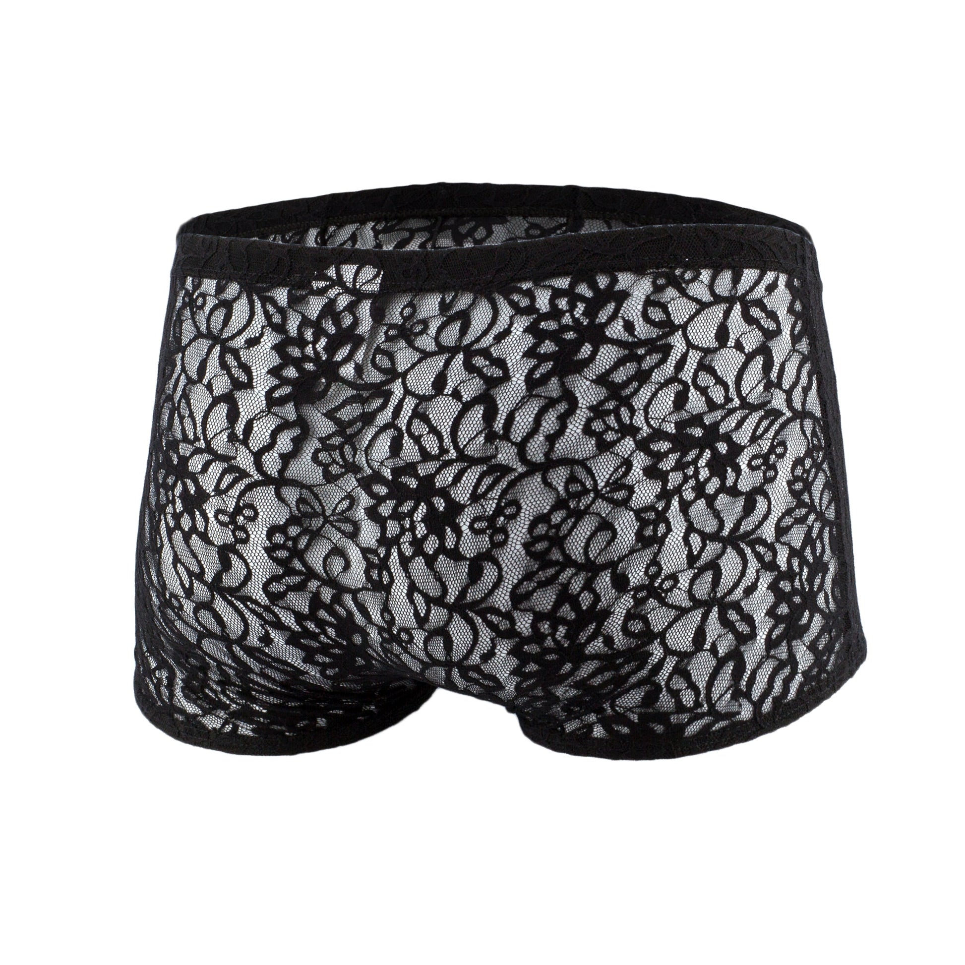 Black lace mens boxer mesh underwear js08 joe snyder with intricate floral patterns and solid black elastic waistband