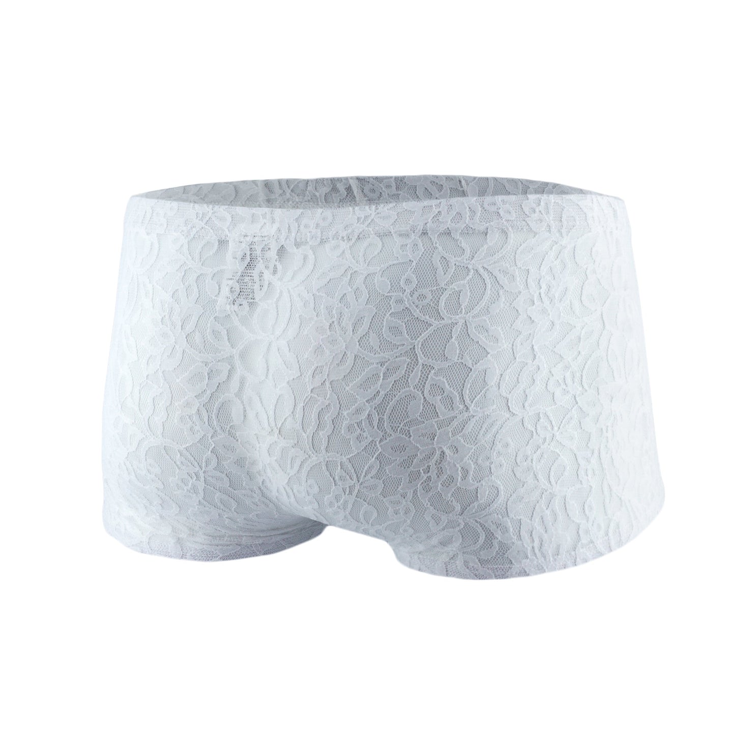 White lace men’s boxer underwear with delicate floral pattern mesh fabric js08 joe snyder front view