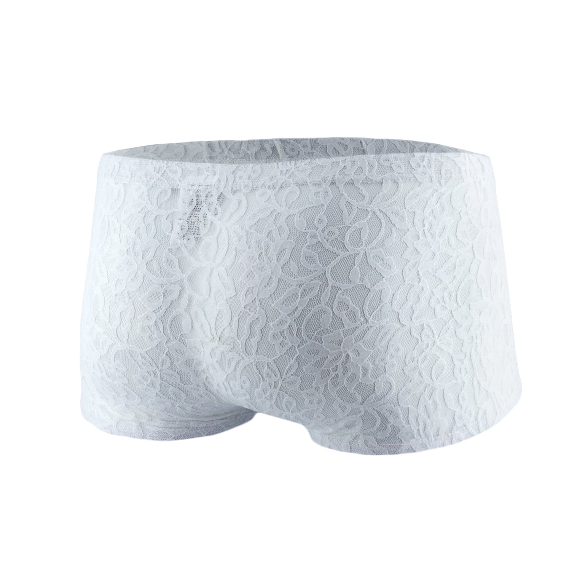 White lace men’s boxer underwear with delicate floral pattern mesh fabric js08 joe snyder front view