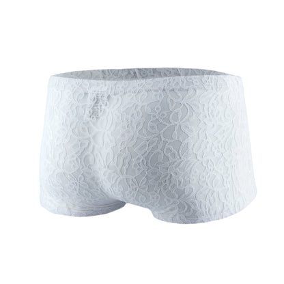 White lace men’s boxer underwear with delicate floral pattern mesh fabric js08 joe snyder front view