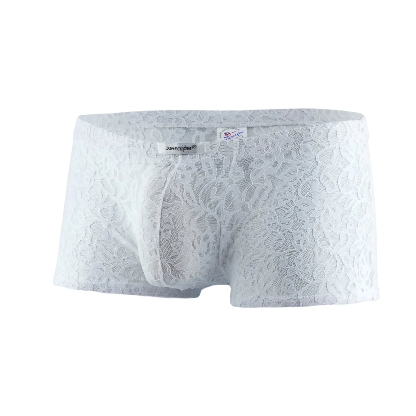 White lace men’s boxer mesh underwear with delicate floral pattern and supportive pouch design by joe snyder