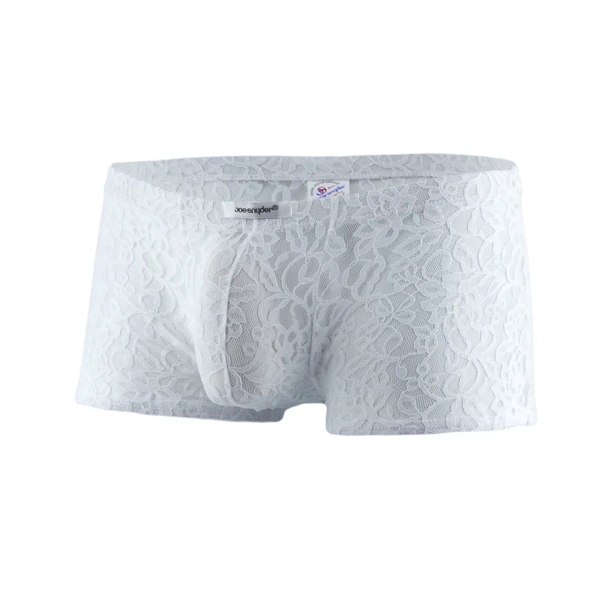 White lace men’s boxer mesh underwear with delicate floral pattern and supportive pouch design by joe snyder