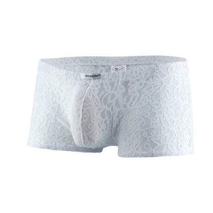 White lace men’s boxer mesh underwear with delicate floral pattern and supportive pouch design by joe snyder
