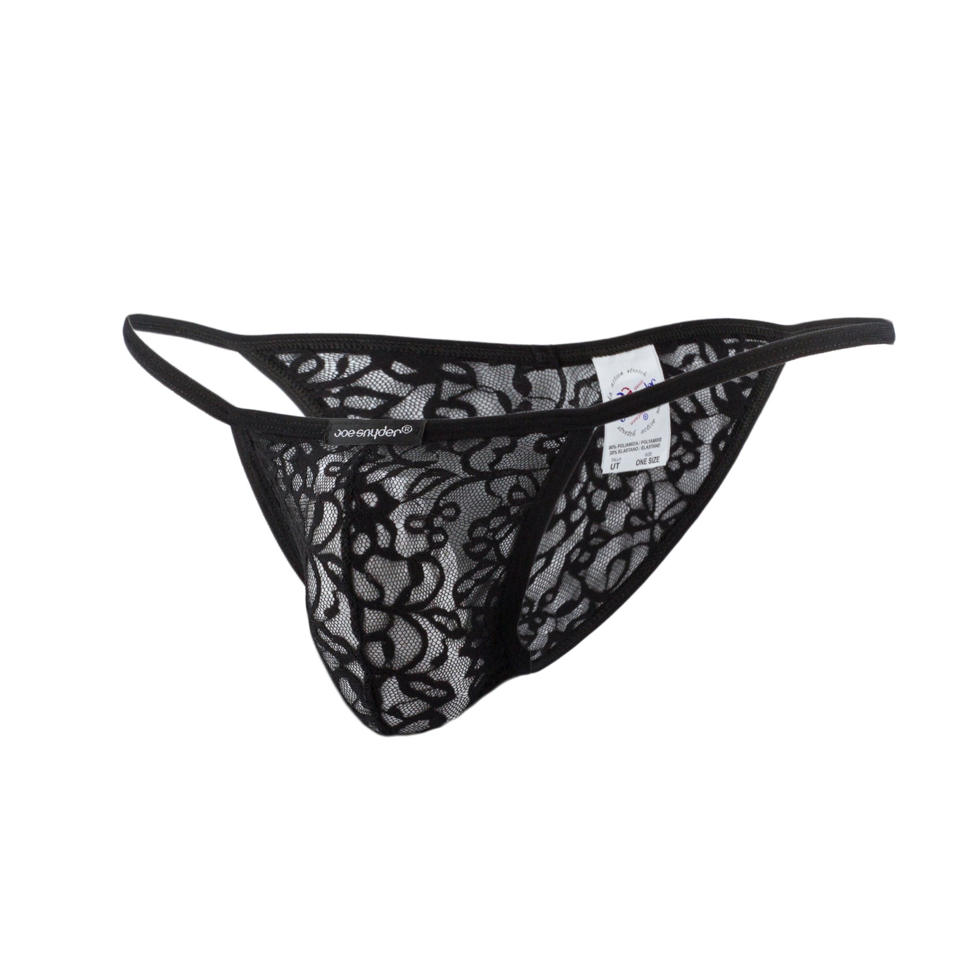Black lace thong joe snyder kini with intricate floral patterns and thin elastic waistband shown from the back