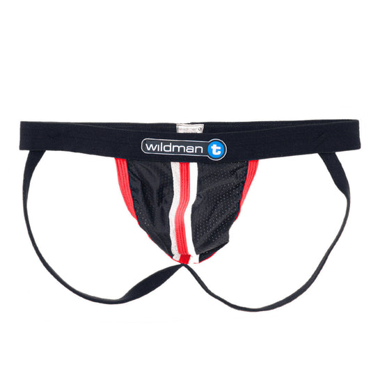 Black mesh jockstrap with red trim, a central white stripe, and a black Duraband waistband with WildmanT branding.