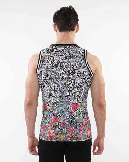 Jungle printed mesh tank with stripe ribbing featuring black and white abstract swirl and colorful floral bottom print