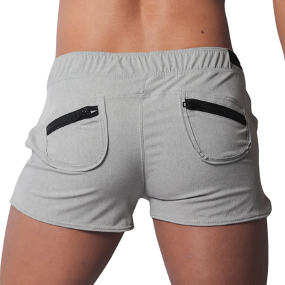 Gray heathered athletic shorts with an elastic waistband and two back pockets featuring contrasting black zippers.