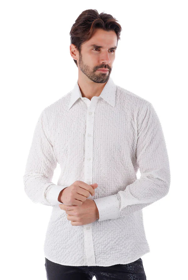 Jurox white long-sleeve button-down shirt with subtle vertical ribbing textured fabric for casual wear